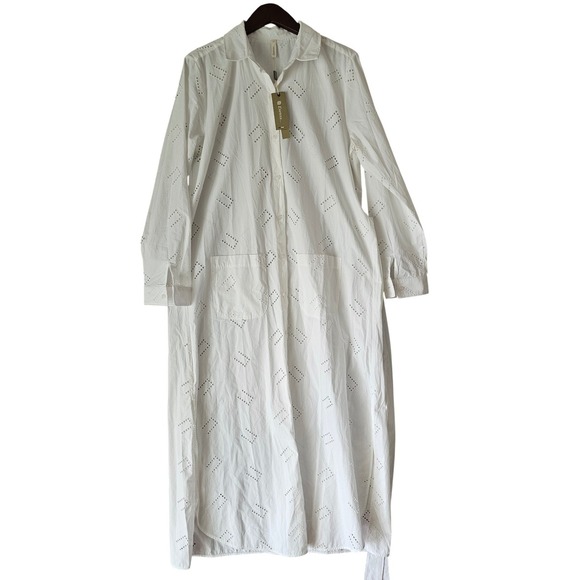 Exetera Women's White Cotton Eyelet Belted Maxi Button Front Dress Size 44 YJ01 - Picture 1 of 11